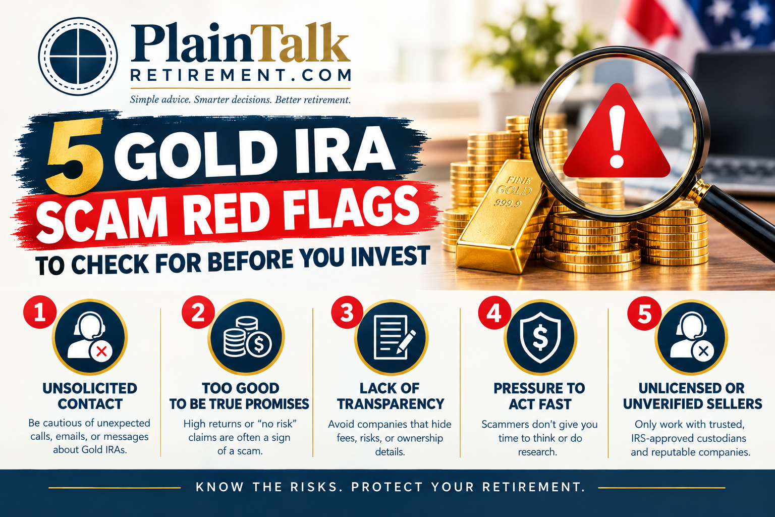 Gold IRA scams: 5 red flags checklist covering pressure tactics, markups, storage, fees, and unverifiable dealers