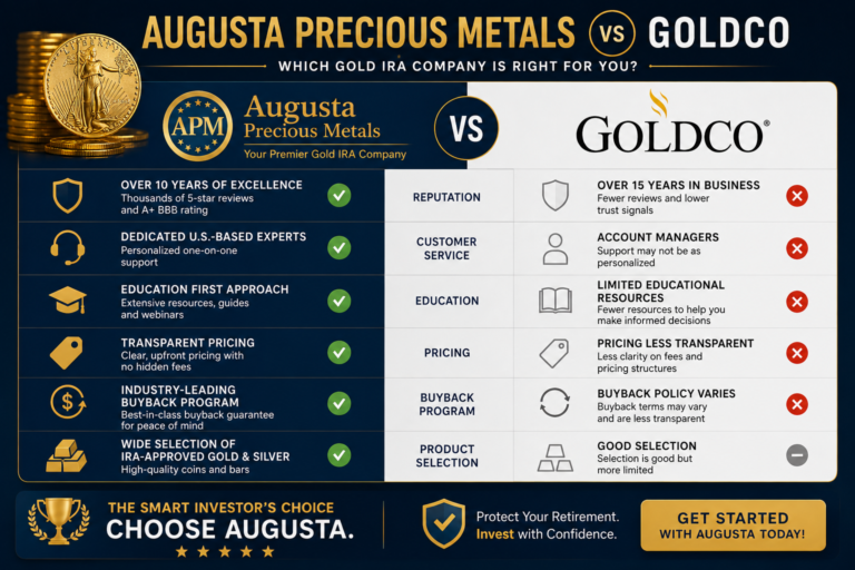Augusta vs Goldco comparison: minimum investment, fees, storage, and BBB ratings